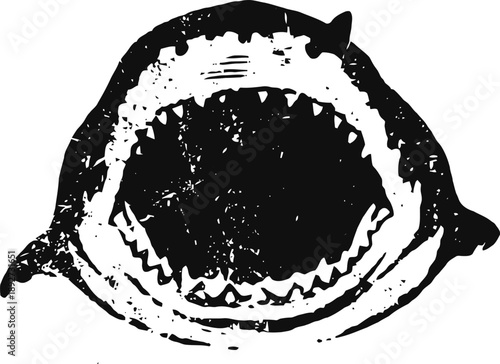 Great white shark illustration showing open jaws with sharp teeth in vintage design