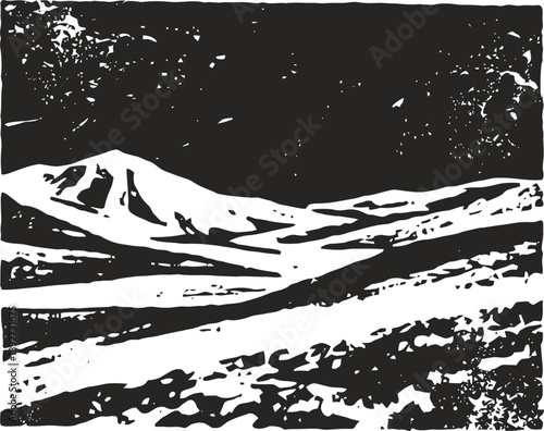 Monochrome abstract mountain landscape with hills, valleys, and textured sky background