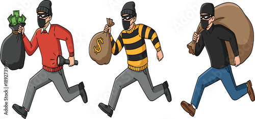 Cartoon illustration of three masked burglars running with stolen goods, ideal for crime-themed educational, storytelling, or character-based creative projects.