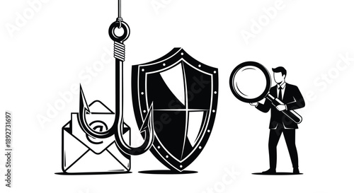 Businessman inspecting security shield against phishing attack with magnifying glass