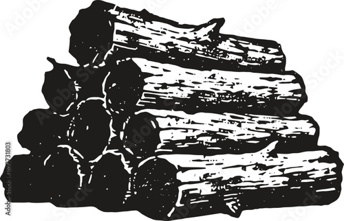 Stack of cut wooden logs arranged for firewood or construction use in monochrome