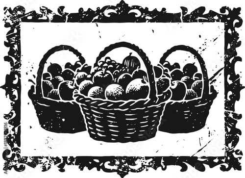 Three woven baskets filled with assorted fruits, vintage rustic illustration with ornate frame