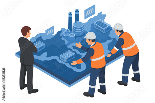 A businessman discusses factory operations with two industrial workers in hard hats