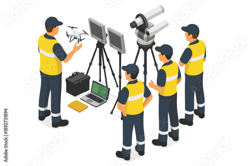 Four technicians in yellow vests setting up surveillance equipment outdoors