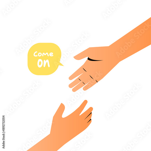 Vector illustration helping hand reaching down to lift another hand up. support, assistance, service offering, human connection. Concept of teamwork, charity, trust, cooperation, professional support