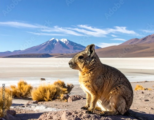 A large rodent sits perched on a rock, observing the dry terrain with a snowy mountain in the background under a blue sky