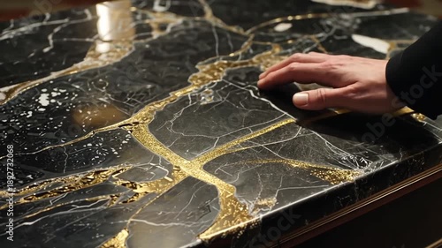 A hand touches a black marble surface with gold veins in an indoor setting.