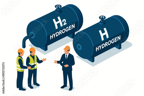 Three men in business and safety attire discussing hydrogen fuel tanks