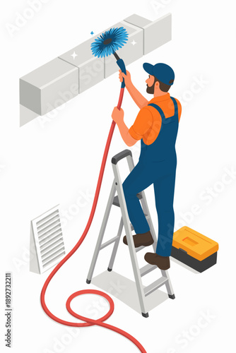 A man in overalls cleaning a wall with a long hose and brush