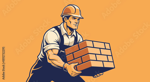 Worker carrying bricks at construction site Vector