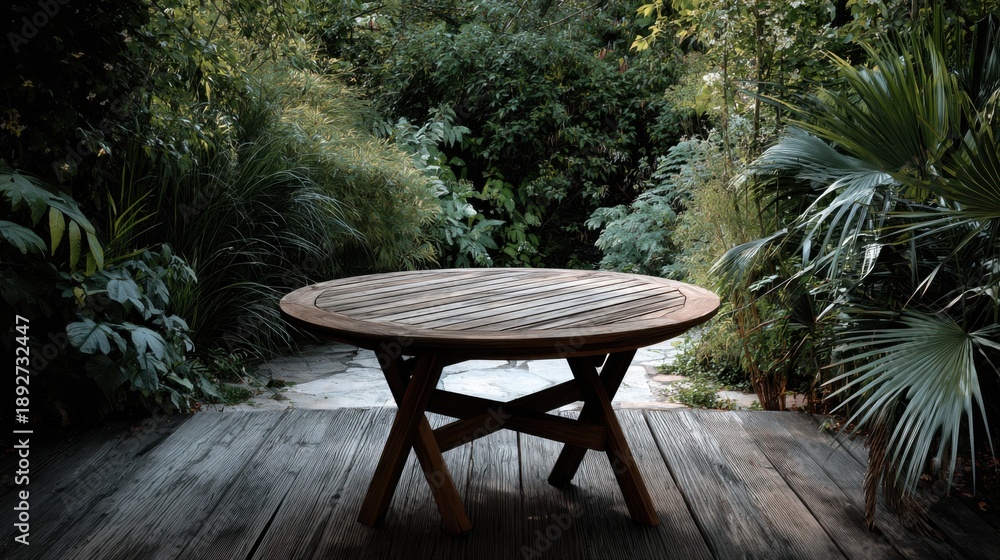 Obraz premium Cozy Round Wooden Table Surrounded by Lush Greenery in Garden