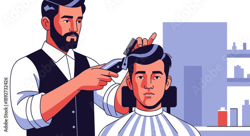 Professional barber styling a client's hair in a modern salon Vector