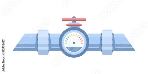 Pipe with valve and pressure gauge illustration. Plumbing and pipeline concept for water system maintenance, fluid control, and industrial infrastructure design.
