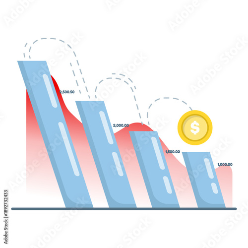 Minimalist vector illustration of a falling bar chart with scattered coins. Economic downturn concept representing financial loss, recession, reduced profits, and market decline.