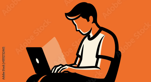 Young man engrossed in laptop work against orange background Vector