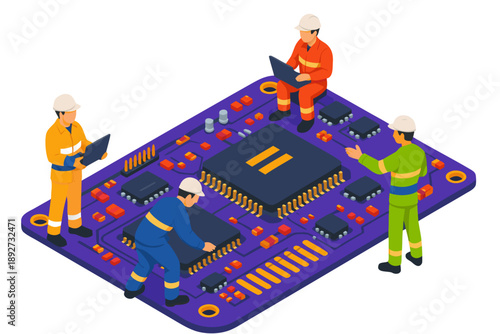 A team of workers in hard hats standing on a large computer chip