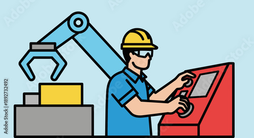 Worker operating industrial robotics equipment in a factory setting Vector