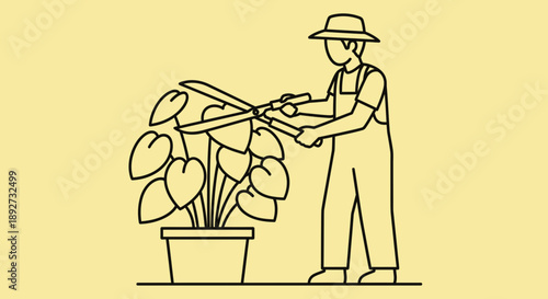 Gardener trimming healthy potted plant Vector