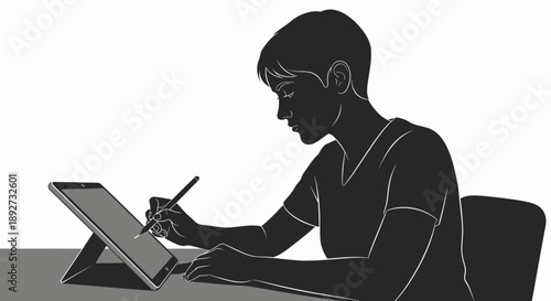 Focused individual working on digital tablet with stylus Vector