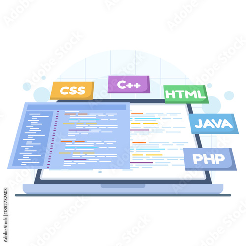 Vector illustration of website programming and coding. Concept for web development, software creation, application design, and digital development workflow.