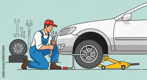 Mechanic working on car tire repair in garage Vector