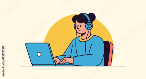 Focused individual working on laptop with headphones Vector