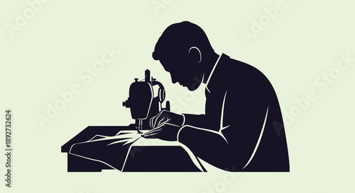 Silhouette of a tailor working on a sewing machine Vector