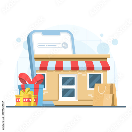 Online store illustration with visible products on a clean background. Digital marketing concept for e-commerce platforms, online retail, and product promotion visuals.