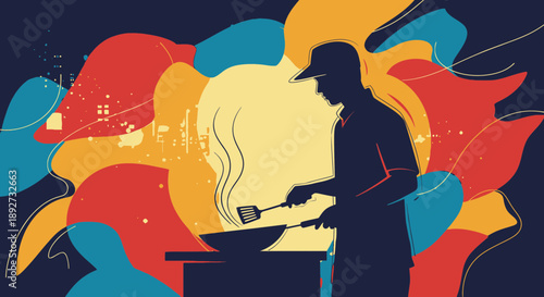 Silhouetted chef crafting culinary masterpiece in vibrant kitchen Vector