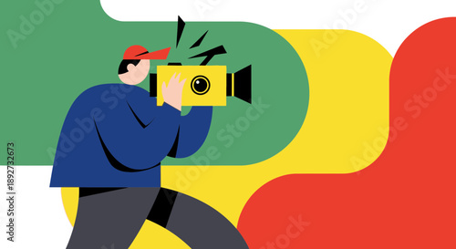 Creative individual filming with camera against colorful background Vector