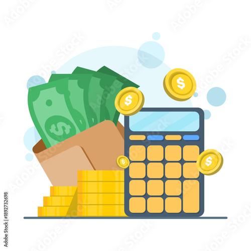 Illustration of calculator, gold coins, green banknotes, and a wallet on background. Financial planning concept for business budgeting, money management, and investment strategy.