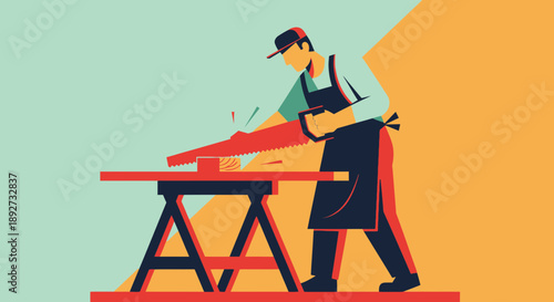 Craftsman working at a woodworking bench with precision tools Vector