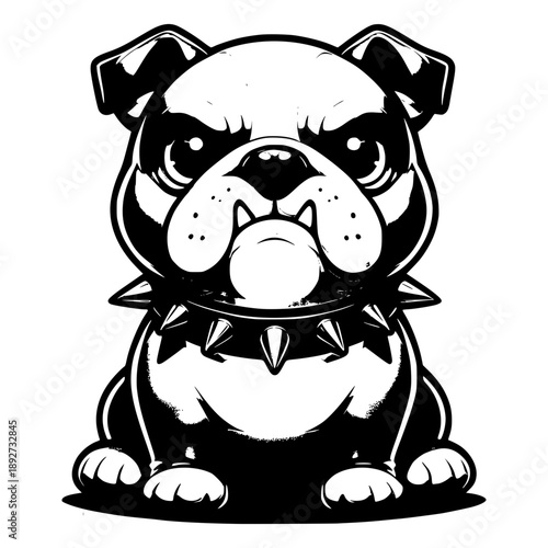 Grumpy Bulldog Illustration: A detailed illustration of a bulldog sits with an intimidating and aggressive expression, accentuated by a spiked collar, showcasing the dog's tough demeanor
