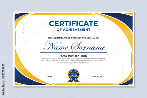 Blue and yellow simple design achievement certificate template
