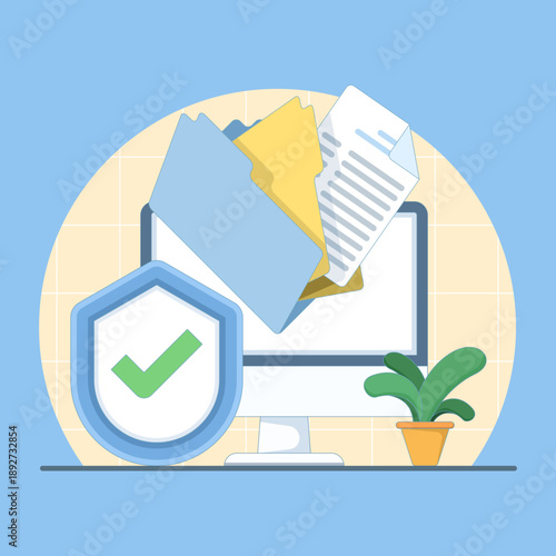 Illustration of secure online access to confidential files using a private key. Concept for digital security, encrypted documents, and safe data storage in cloud or web systems.