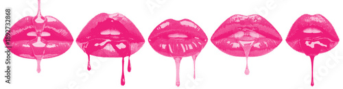 Grunge halftone illustration of lips with liquid drips for an edgy valentine day and love concept
