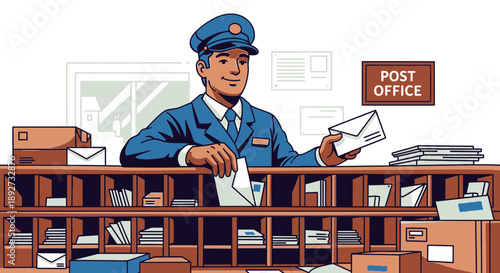 Post office clerk sorting mail at workstation Vector
