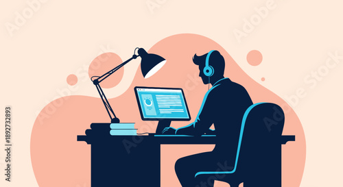 Focused professional working late at desk with computer and headphones Vector