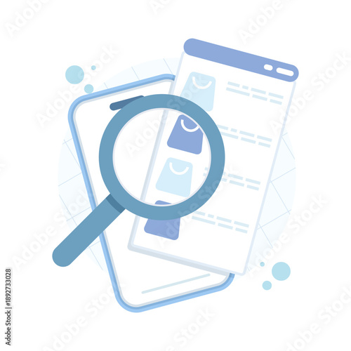 Flat design icon showing product search on digital platforms. E-commerce concept for finding items online, browsing catalogs, and shopping navigation interfaces.