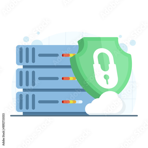 Cloud server security illustration showing protected data and digital assets. Concept for encrypted storage, compliance, and secure cloud infrastructure for modern business technology.