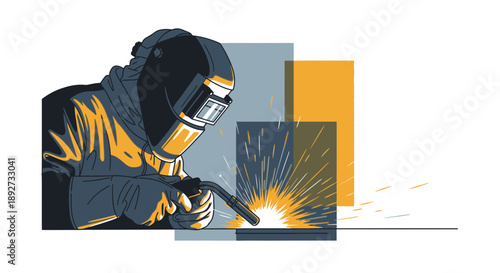 Skilled welder at work with protective gear and bright spark Vector