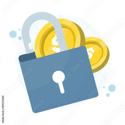 Illustration of an open padlock on a wallet filled with money. Financial freedom concept symbolizing unlocked finances, access to funds, savings, and personal wealth control.