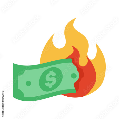 Illustration of a dollar bill on fire representing economic downturn and financial crisis. Concept for inflation, money loss, recession, and global financial instability.