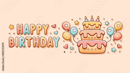 Colorful pastel illustration of a three tiered birthday cake with balloons and 'happy birthday' text on a peach background