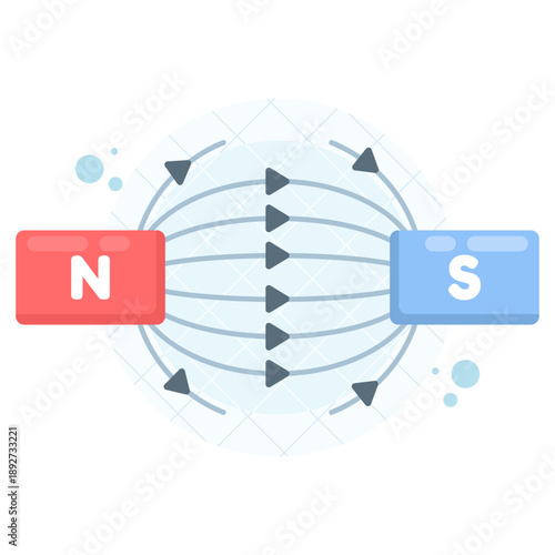 Simple vector illustration showing magnetic field lines with north and south poles. Educational and science concept for physics learning, classroom materials, and scientific visualization.
