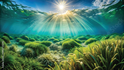 World Seagrass Day Illustration ? Sunlit Underwater Scene with Lush Marine Vegetation and Ocean Floor.eps