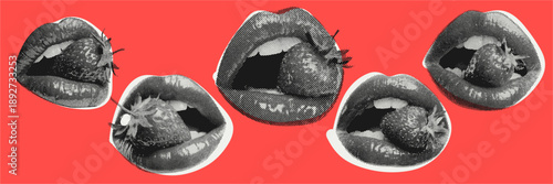 Grunge halftone illustration of lips biting a strawberry for an alternative valentine love concept