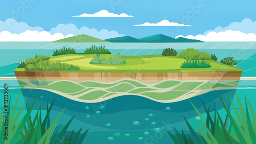 World Seagrass Day Illustration ? Floating Island Cross-Section with Aquatic Plants and Soil Layers.eps