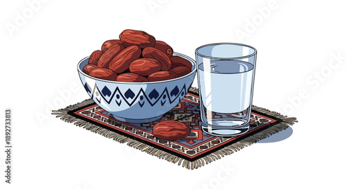 Ramadan Preparations A clear illustration depicting a bowl of sweet dates and a refreshing glass of water on a patterned mat, essential for Iftar