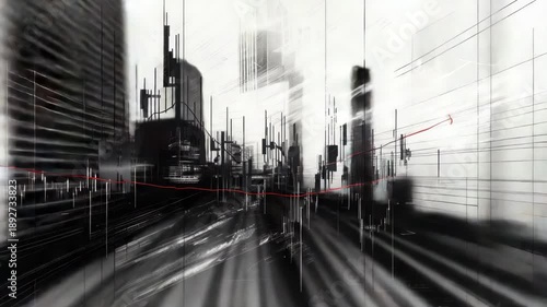 Video A black and white of an urban cityscape at night, showing streetlights and buildings